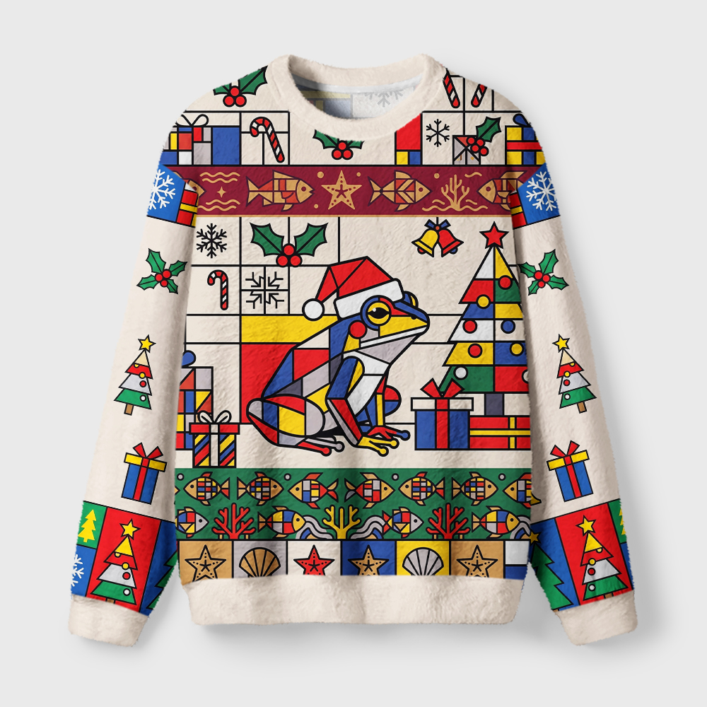 Tokyo-Tiger Mondrian Style Santa Frog Fuzzy Christmas Ugly Sweatshirt