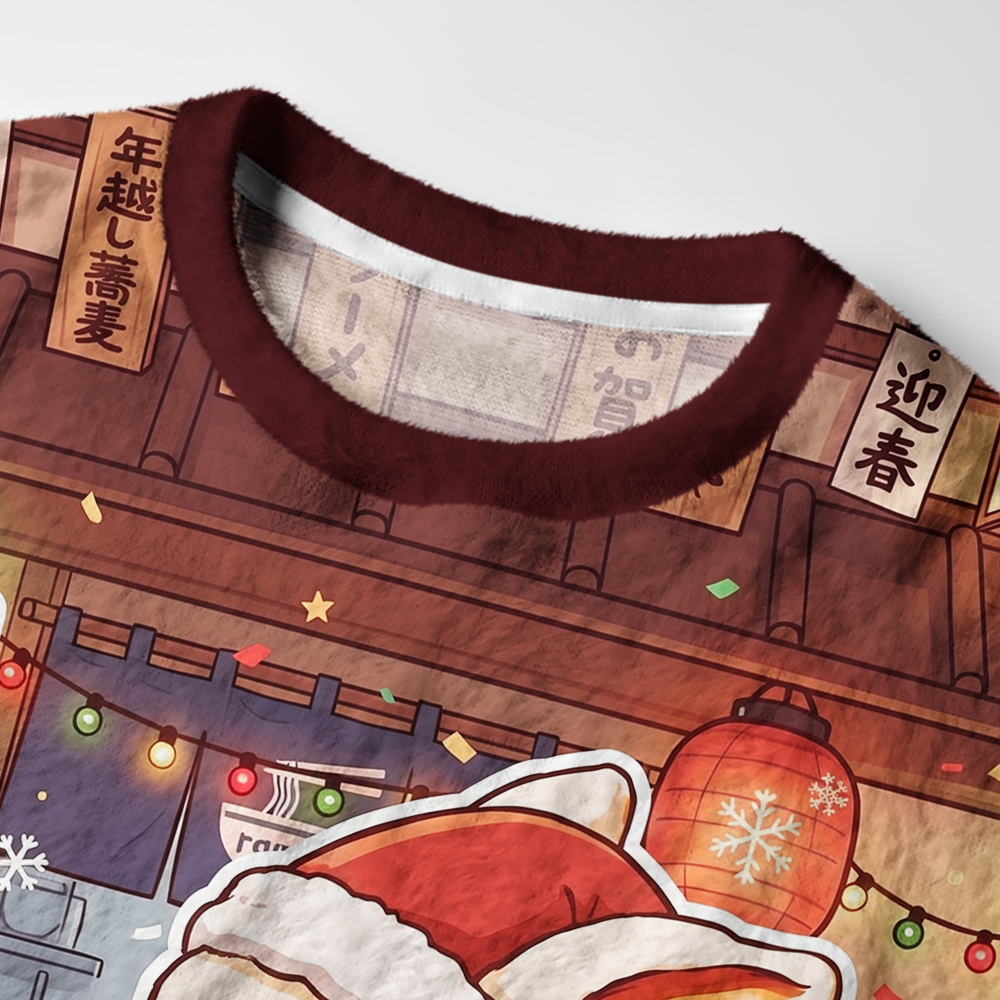 Tokyo-Tiger Japanese Ramen Shop Santa Bunny Fuzzy Christmas Ugly Sweatshirt