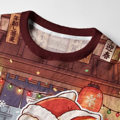 Tokyo-Tiger Japanese Ramen Shop Santa Bunny Fuzzy Christmas Ugly Sweatshirt