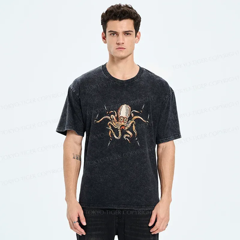 Tokyo-Tiger Octopus With Knife Washed T-Shirt