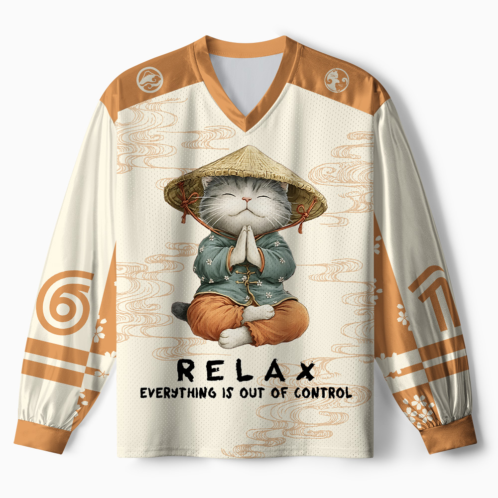 Tokyo-Tiger Zen Relax Cat Graphic Paneled Long Sleeve Jersey
