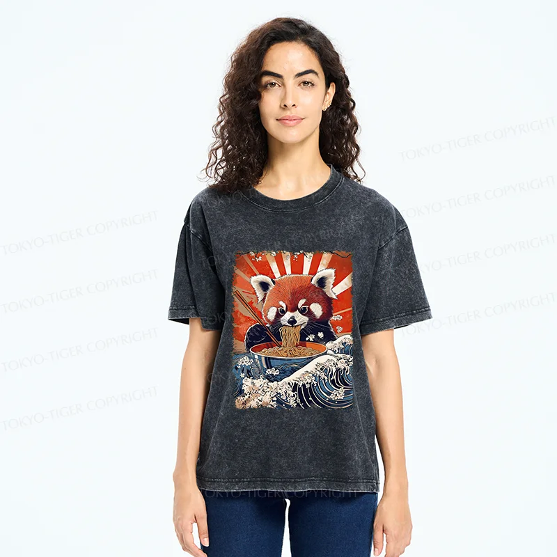 Tokyo-Tiger Red Panda Eating Ramen Washed T-Shirt