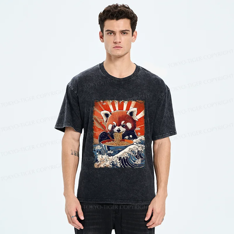 Tokyo-Tiger Red Panda Eating Ramen Washed T-Shirt