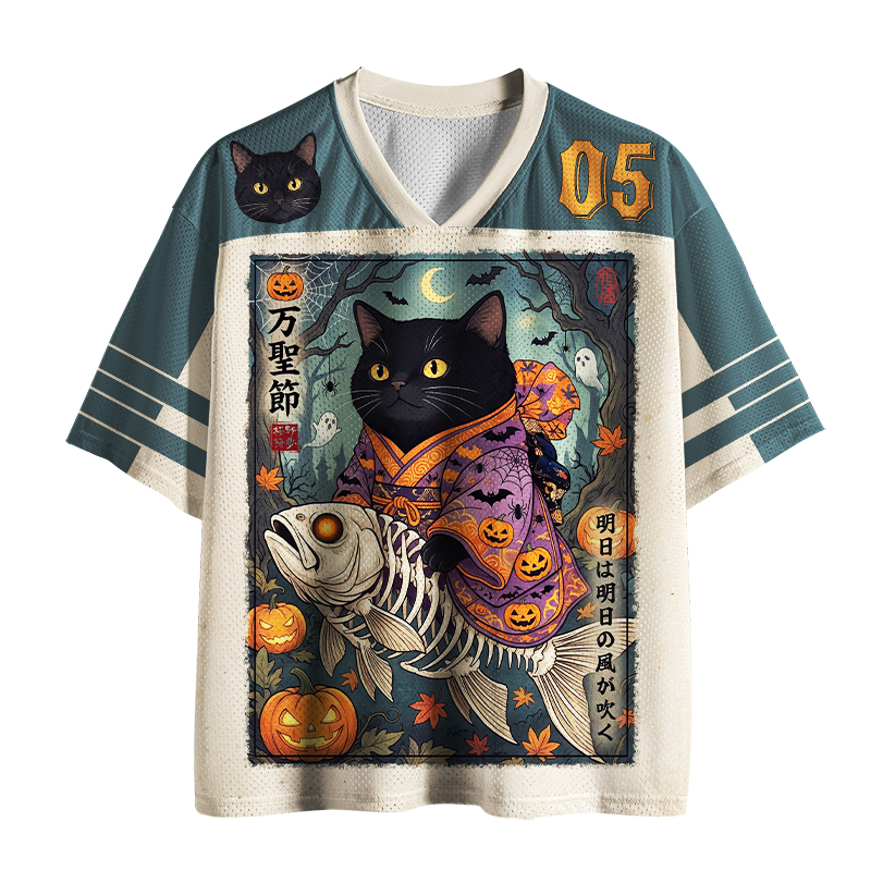 Tokyo-Tiger Halloween Black Cat Riding Fish Skeleton Mesh Jersey