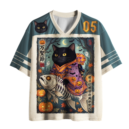 Tokyo-Tiger Halloween Black Cat Riding Fish Skeleton Mesh Jersey