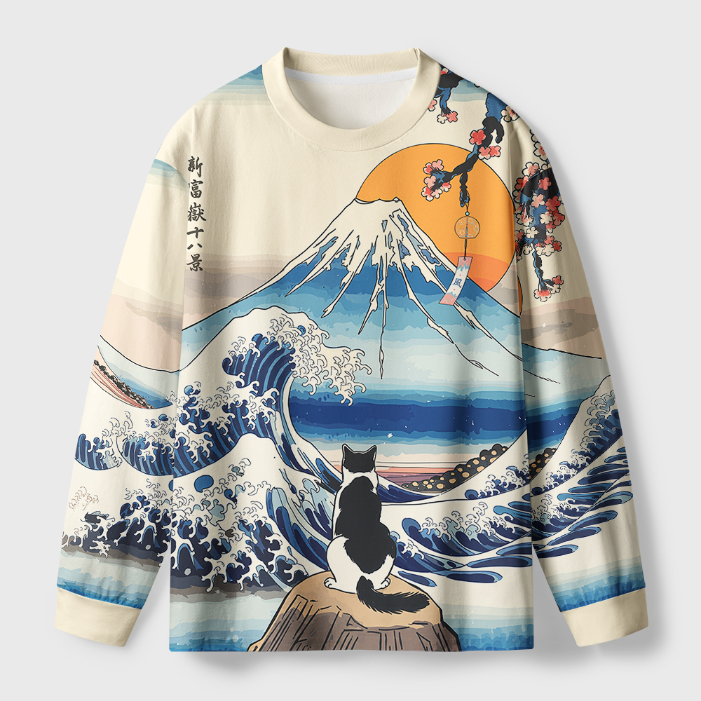 Tokyo-Tiger Cat Looking At The Great Wave Eco-Friendly Long Sleeve T-Shirt
