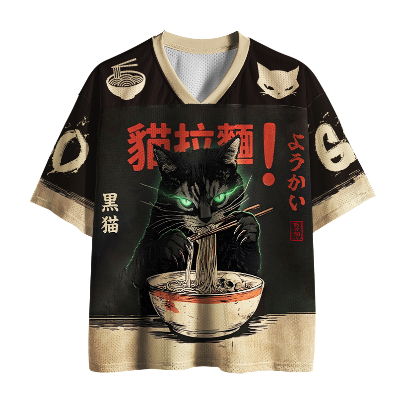 Tokyo-Tiger Black Cat Ramen Japanese Grunge Mesh Jersey