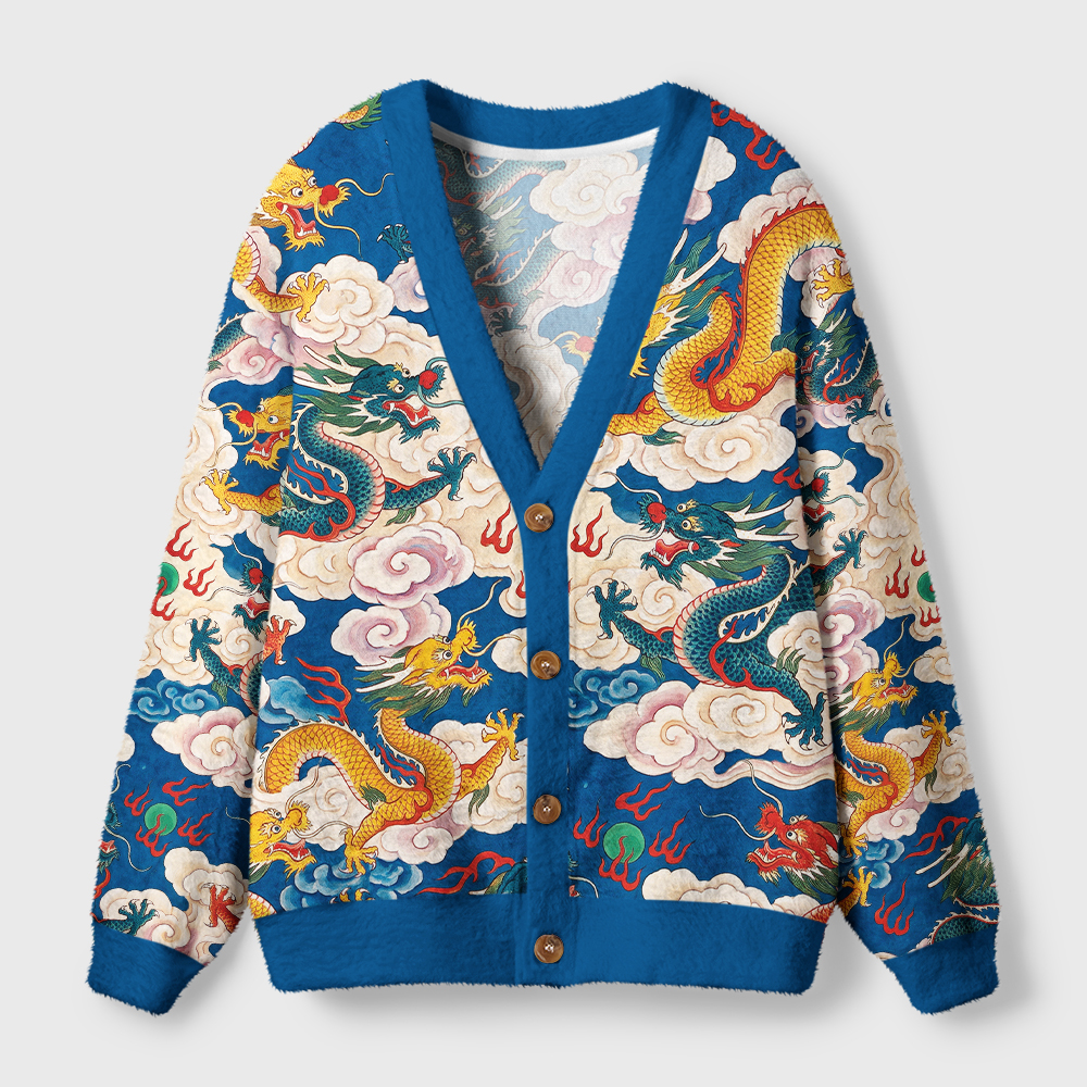 Tokyo-Tiger Celestial Dragons In Clouds Ugly Cardigan Sweater