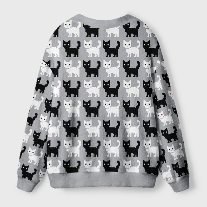 Tokyo-Tiger Retro Pixel Black White Cat Ugly Cardigan Sweater