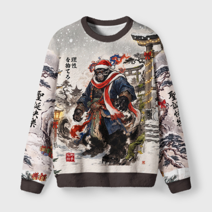 Tokyo-Tiger Funny Japanese Ukiyo‑e Samurai Gorilla Fuzzy Christmas Ugly Sweatshirt
