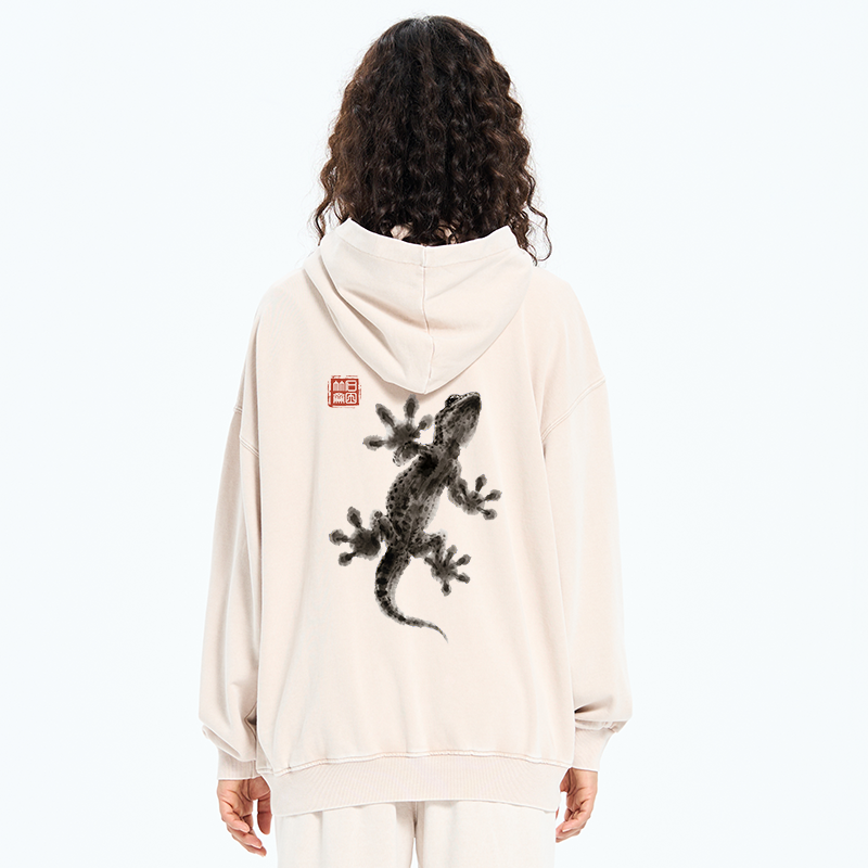 Tokyo-Tiger Minimal Asian Ink Brush Gecko Vibe Washed Zip Hoodie