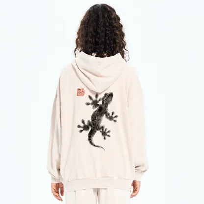 Tokyo-Tiger Minimal Asian Ink Brush Gecko Vibe Washed Zip Hoodie