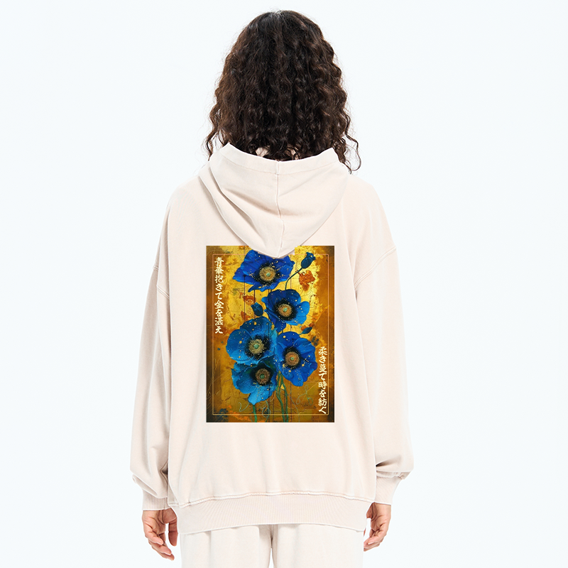 Tokyo-Tiger Shiny Blue Flower Warm Golden Background Washed Zip Hoodie