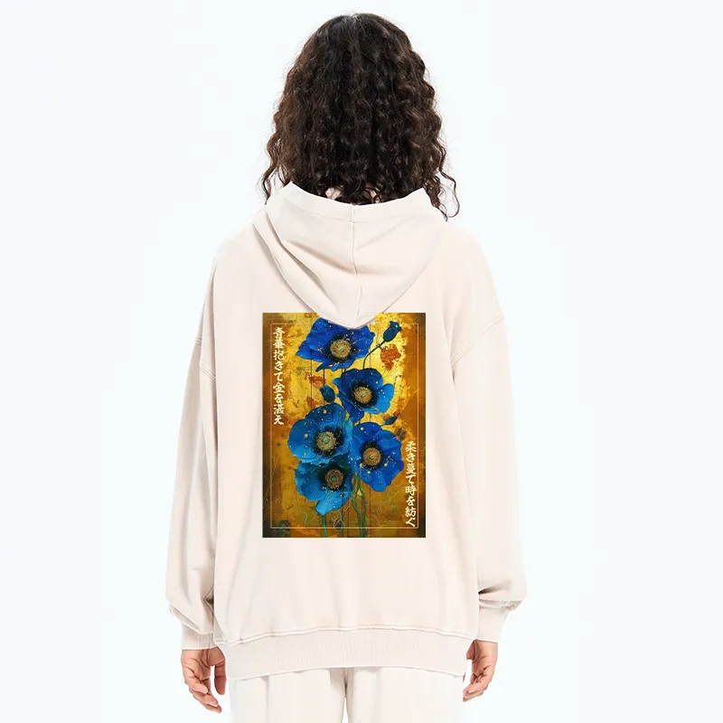 Tokyo-Tiger Shiny Blue Flower Warm Golden Background Washed Zip Hoodie
