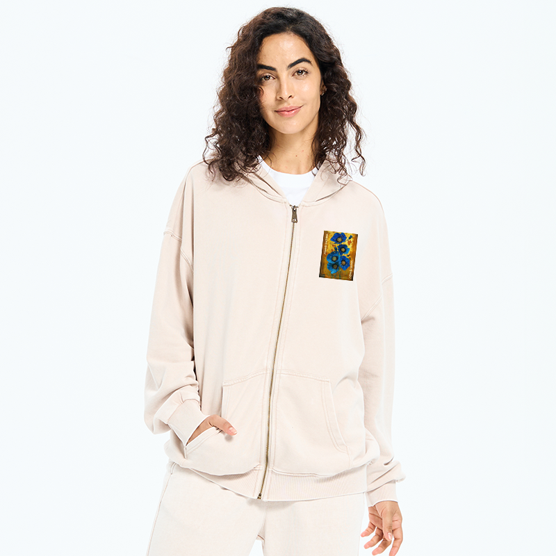 Tokyo-Tiger Shiny Blue Flower Warm Golden Background Washed Zip Hoodie