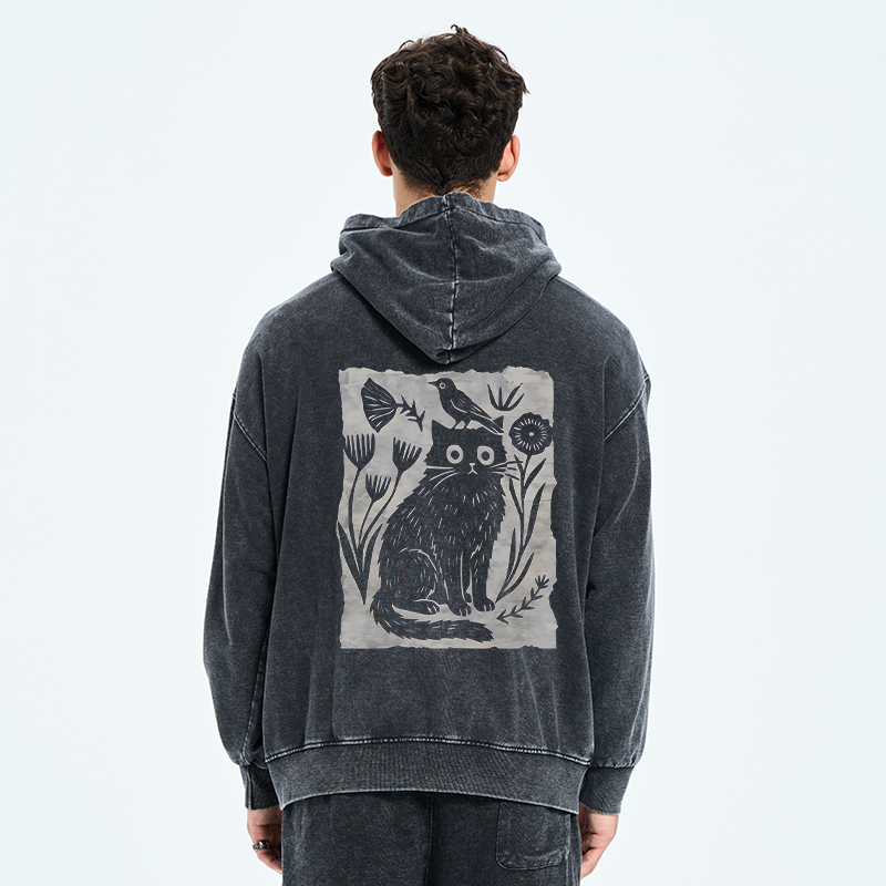 Tokyo-Tiger Folk Paper Cut Cat Bird Floral Art Washed Zip Hoodie