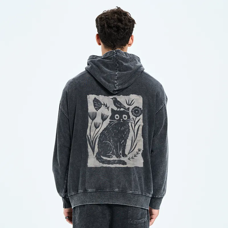 Tokyo-Tiger Folk Paper Cut Cat Bird Floral Art Washed Zip Hoodie