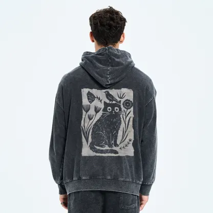 Tokyo-Tiger Folk Paper Cut Cat Bird Floral Art Washed Zip Hoodie