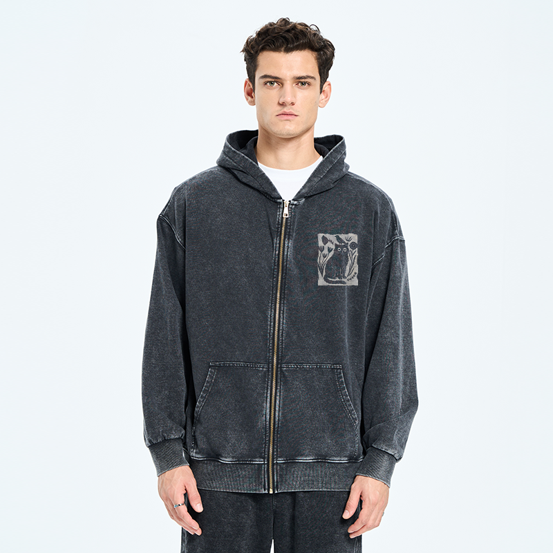 Tokyo-Tiger Folk Paper Cut Cat Bird Floral Art Washed Zip Hoodie