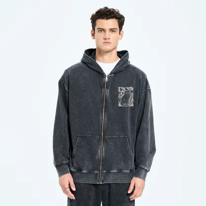 Tokyo-Tiger Folk Paper Cut Cat Bird Floral Art Washed Zip Hoodie