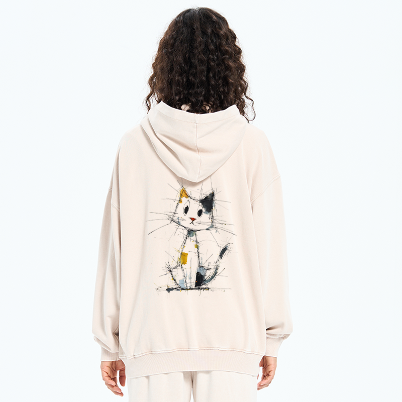Tokyo-Tiger Minimal Splash Ink Cute Cat Washed Zip Hoodie