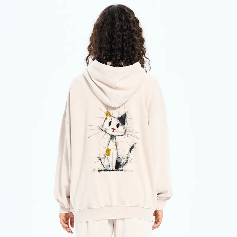 Tokyo-Tiger Minimal Splash Ink Cute Cat Washed Zip Hoodie