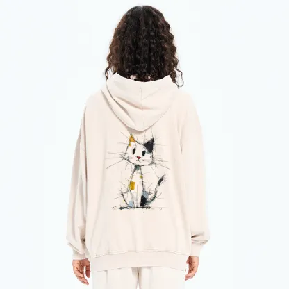 Tokyo-Tiger Minimal Splash Ink Cute Cat Washed Zip Hoodie