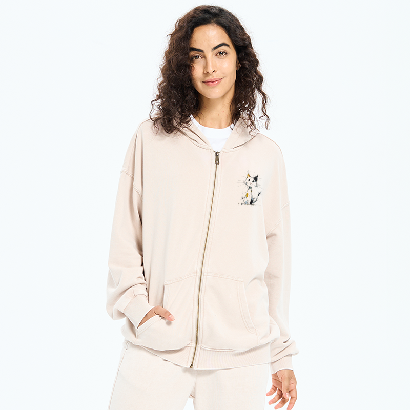 Tokyo-Tiger Minimal Splash Ink Cute Cat Washed Zip Hoodie
