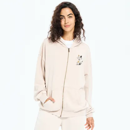 Tokyo-Tiger Minimal Splash Ink Cute Cat Washed Zip Hoodie