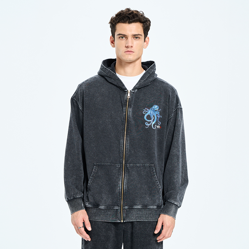 Tokyo-Tiger Watercolor Blue Octopus Washed Zip Hoodie