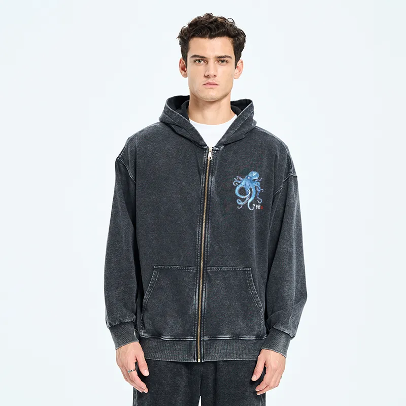 Tokyo-Tiger Watercolor Blue Octopus Washed Zip Hoodie