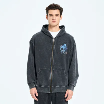 Tokyo-Tiger Watercolor Blue Octopus Washed Zip Hoodie