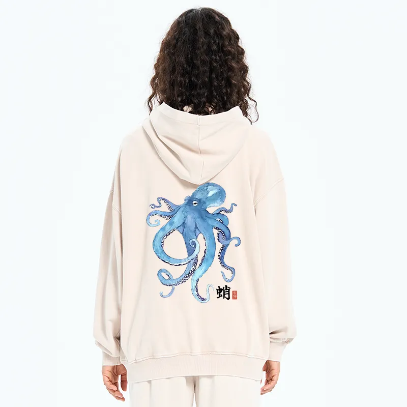 Tokyo-Tiger Watercolor Blue Octopus Washed Zip Hoodie