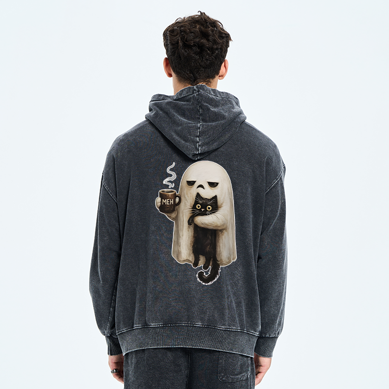 Tokyo-Tiger Ghost Cat Coffee Mood Washed Zip Hoodie