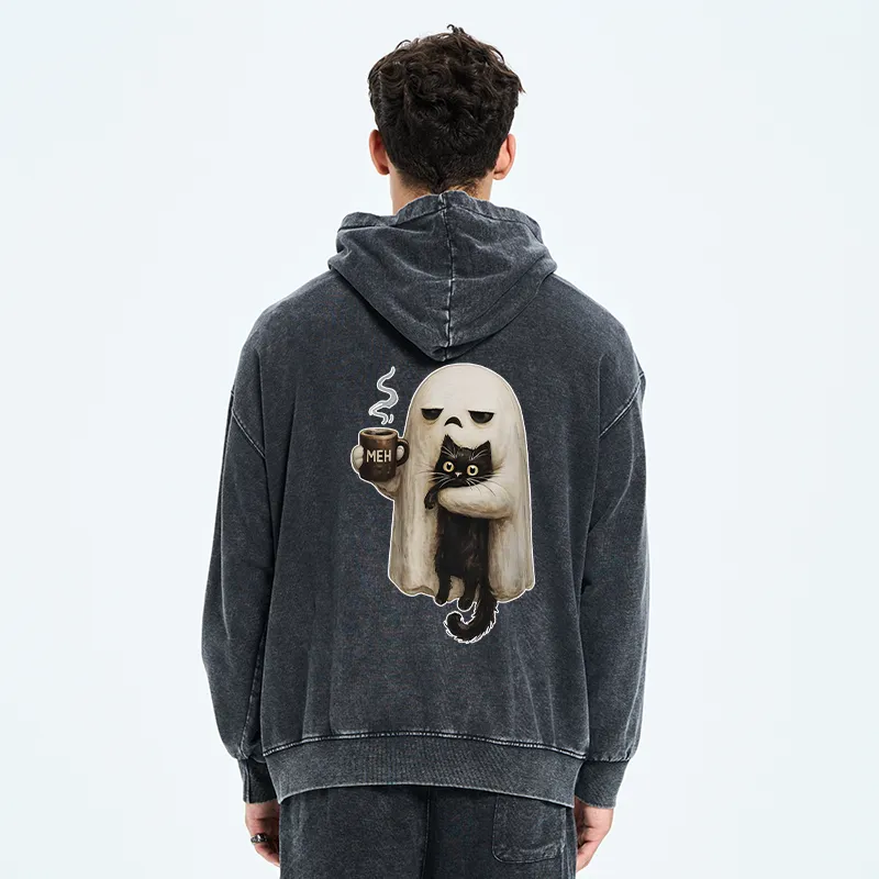 Tokyo-Tiger Ghost Cat Coffee Mood Washed Zip Hoodie