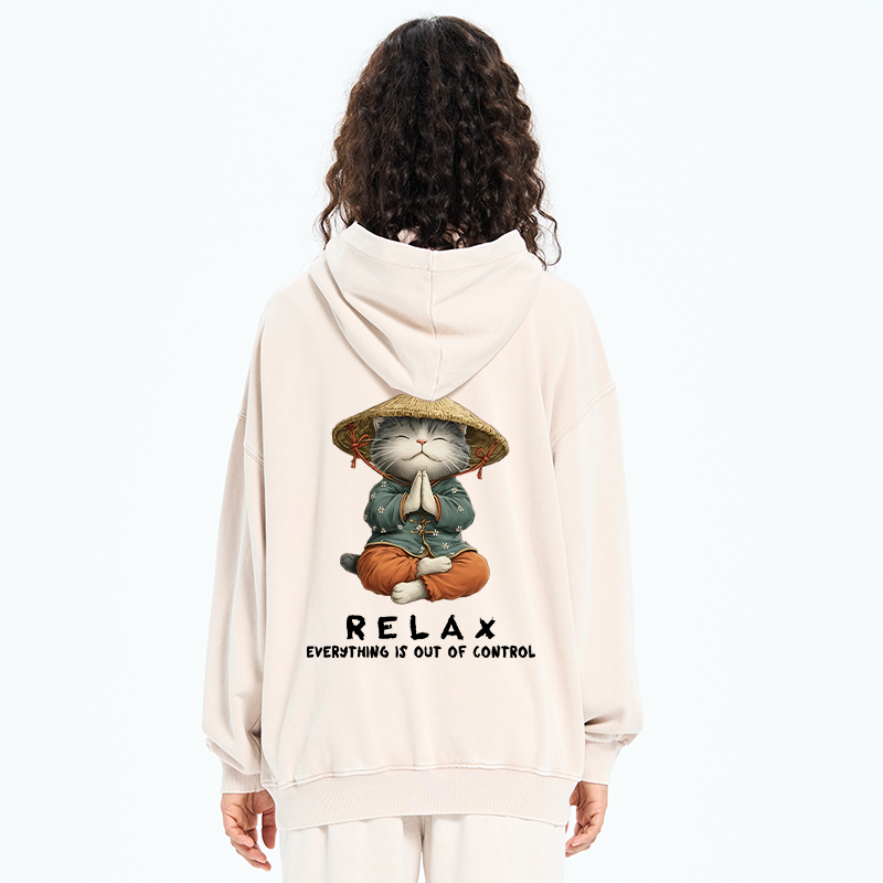 Tokyo-Tiger Zen Relax Cat Graphic Washed Zip Hoodie