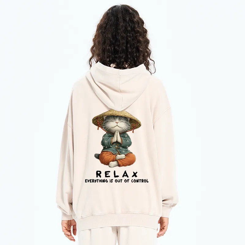 Tokyo-Tiger Zen Relax Cat Graphic Washed Zip Hoodie