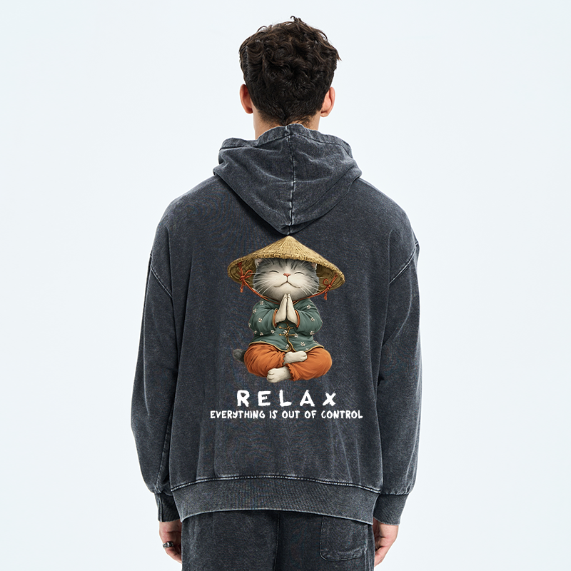 Tokyo-Tiger Zen Relax Cat Graphic Washed Zip Hoodie
