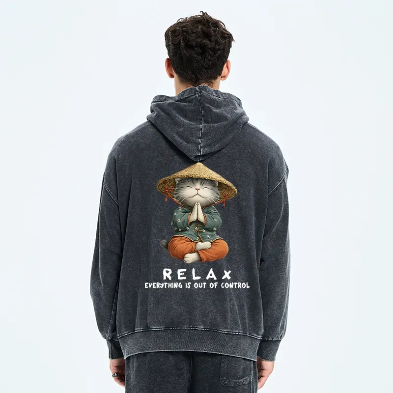 Tokyo-Tiger Zen Relax Cat Graphic Washed Zip Hoodie