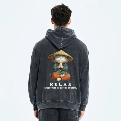 Tokyo-Tiger Zen Relax Cat Graphic Washed Zip Hoodie