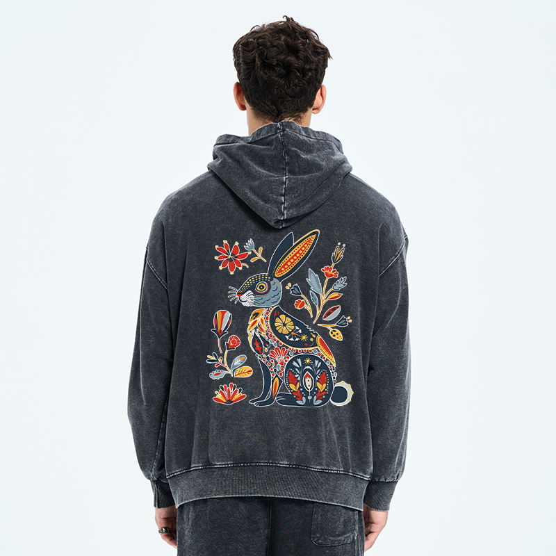 Tokyo-Tiger Folk Hare Bloom Washed Zip Hoodie