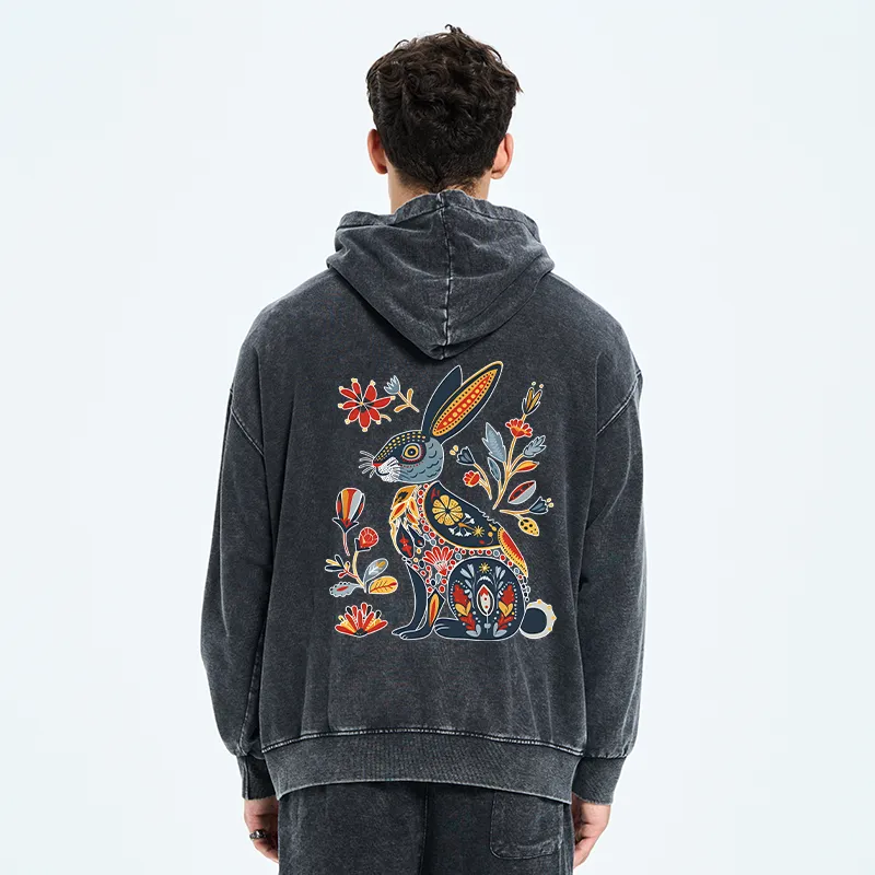 Tokyo-Tiger Folk Hare Bloom Washed Zip Hoodie