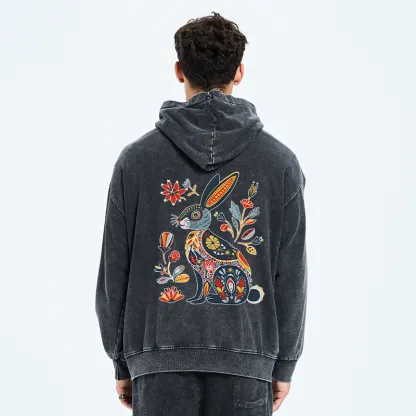Tokyo-Tiger Folk Hare Bloom Washed Zip Hoodie