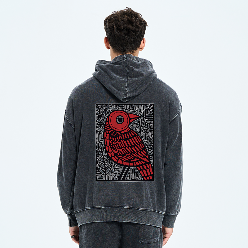 Tokyo-Tiger Retro Woodblock Bird Washed Zip Hoodie