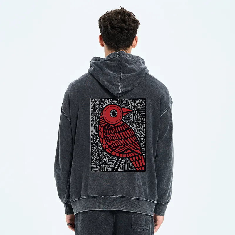 Tokyo-Tiger Retro Woodblock Bird Washed Zip Hoodie