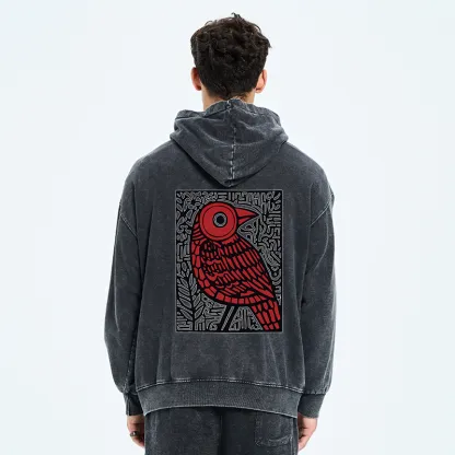 Tokyo-Tiger Retro Woodblock Bird Washed Zip Hoodie