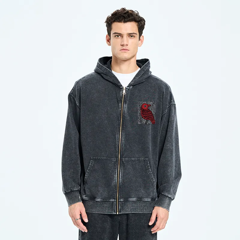 Tokyo-Tiger Retro Woodblock Bird Washed Zip Hoodie