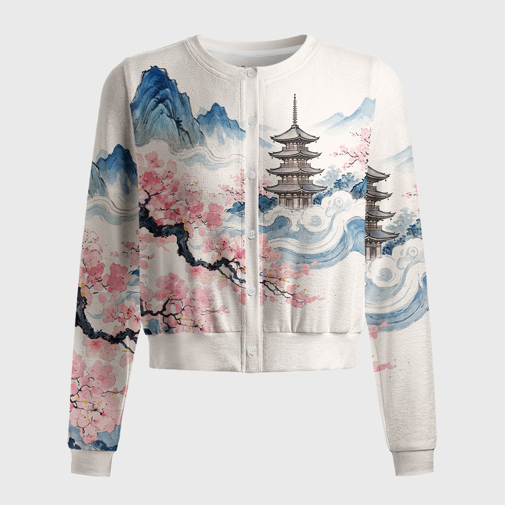 Tokyo-Tiger Japanese Pagoda Cherry Blossom Ink Landscape Women's Lightweight Cardigan
