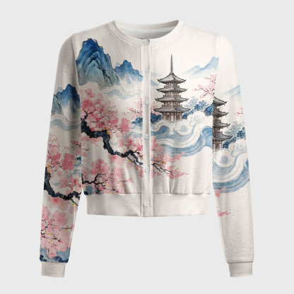 Tokyo-Tiger Japanese Pagoda Cherry Blossom Ink Landscape Women's Lightweight Cardigan