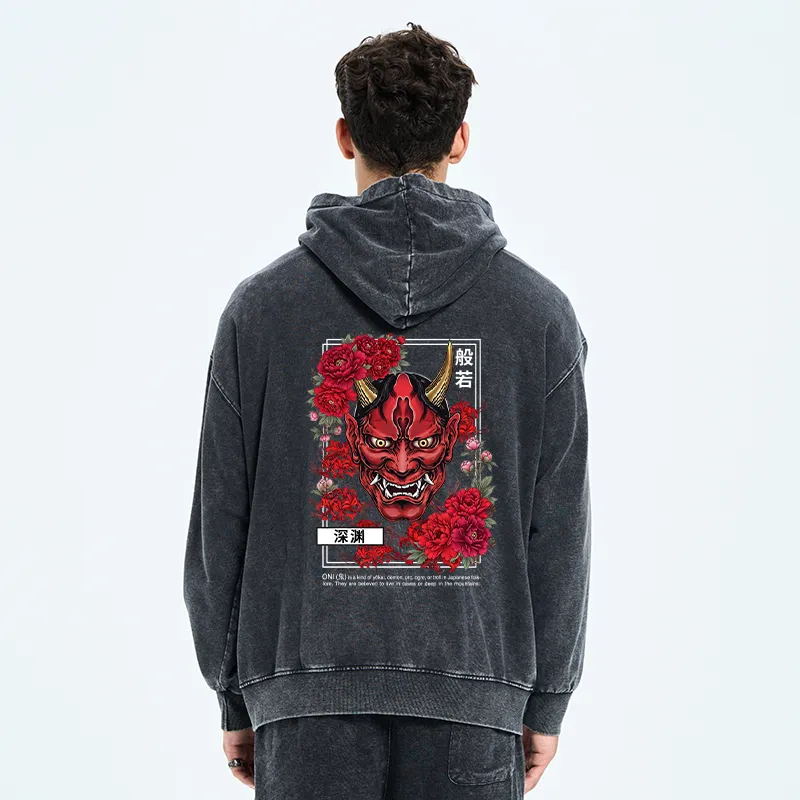 Tokyo-Tiger Cool Oni Floral Art Washed Zip Hoodie